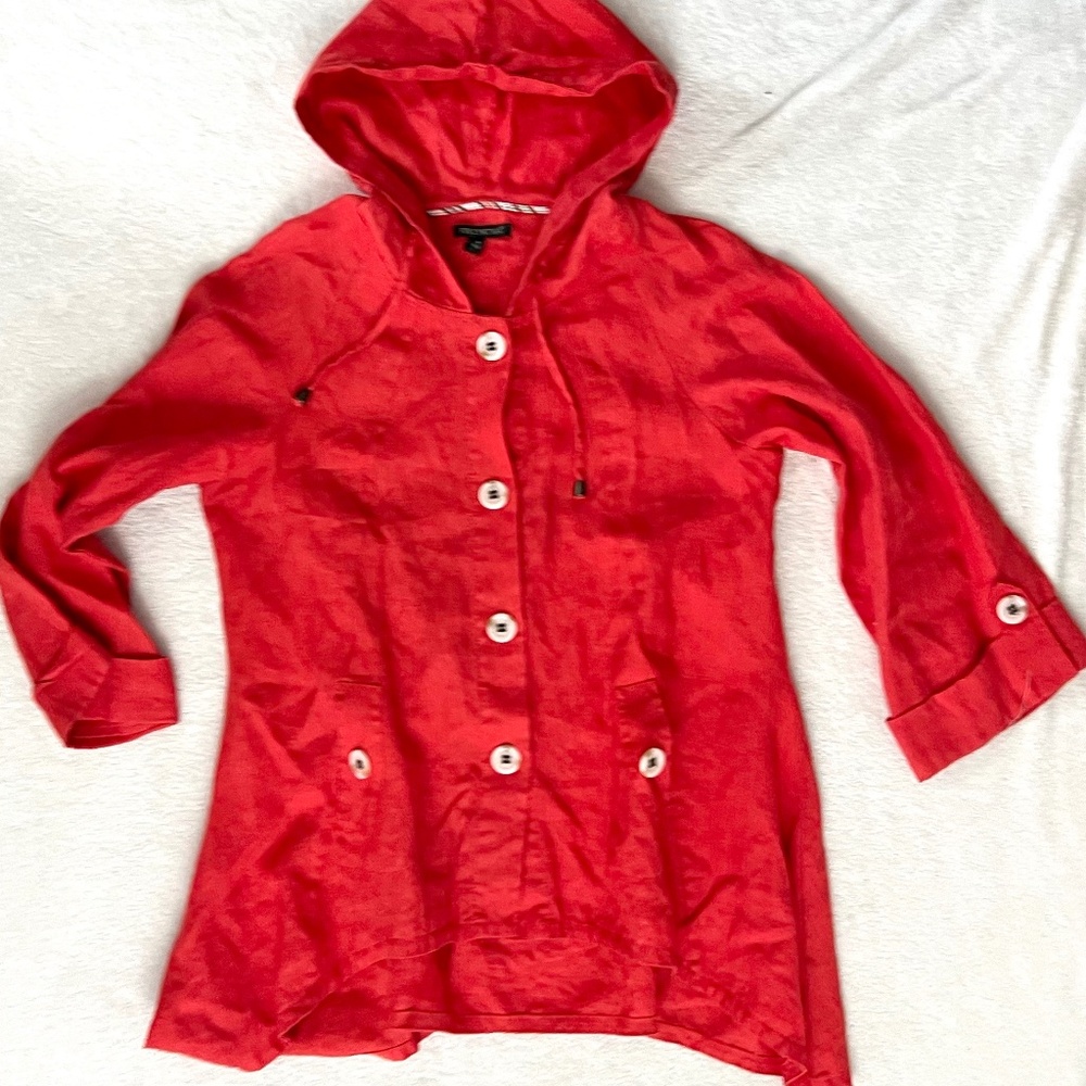 For Cynthia Women's Red Linen 3/4 Sleeve Jacket With Hood Size M